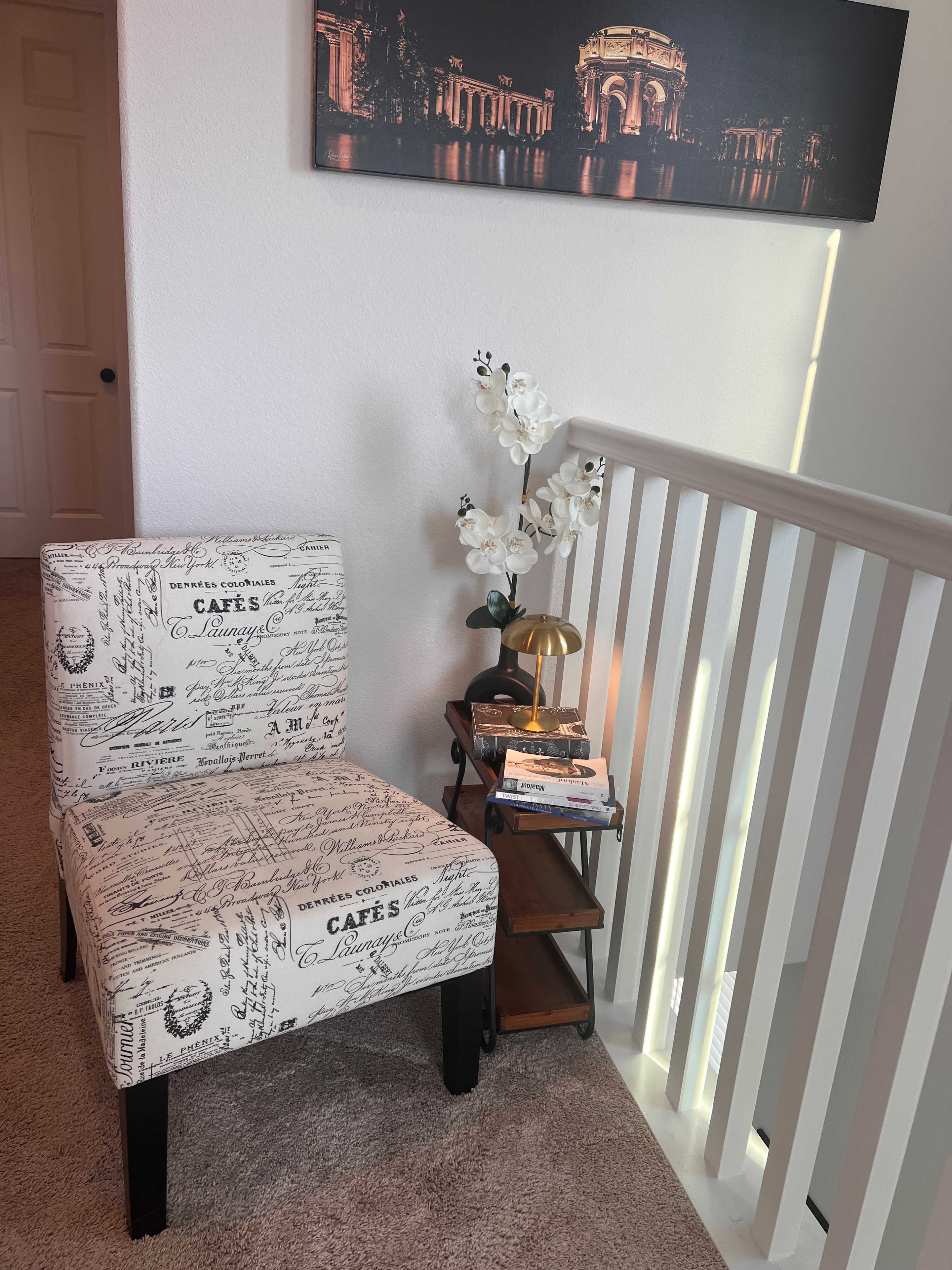 Vintage chair with side table and white flowers